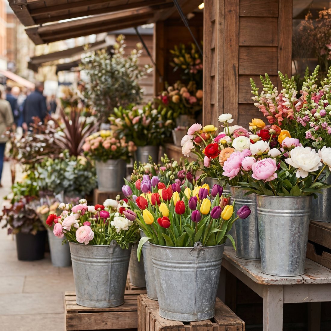 Zinken emmers vol kleurrijke verse bloemen in een gezellige bloemenwinkel