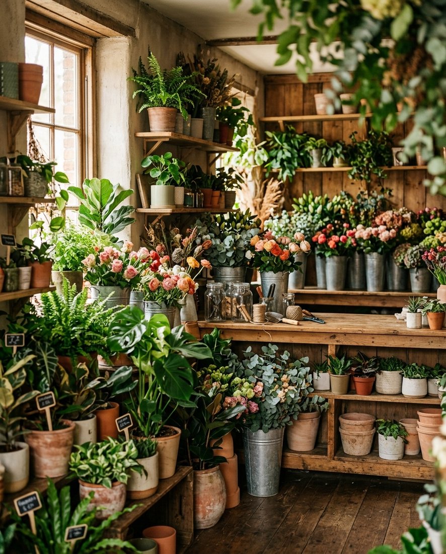 Gezellige bloemenwinkel met houten schappen vol verse bloemen en planten