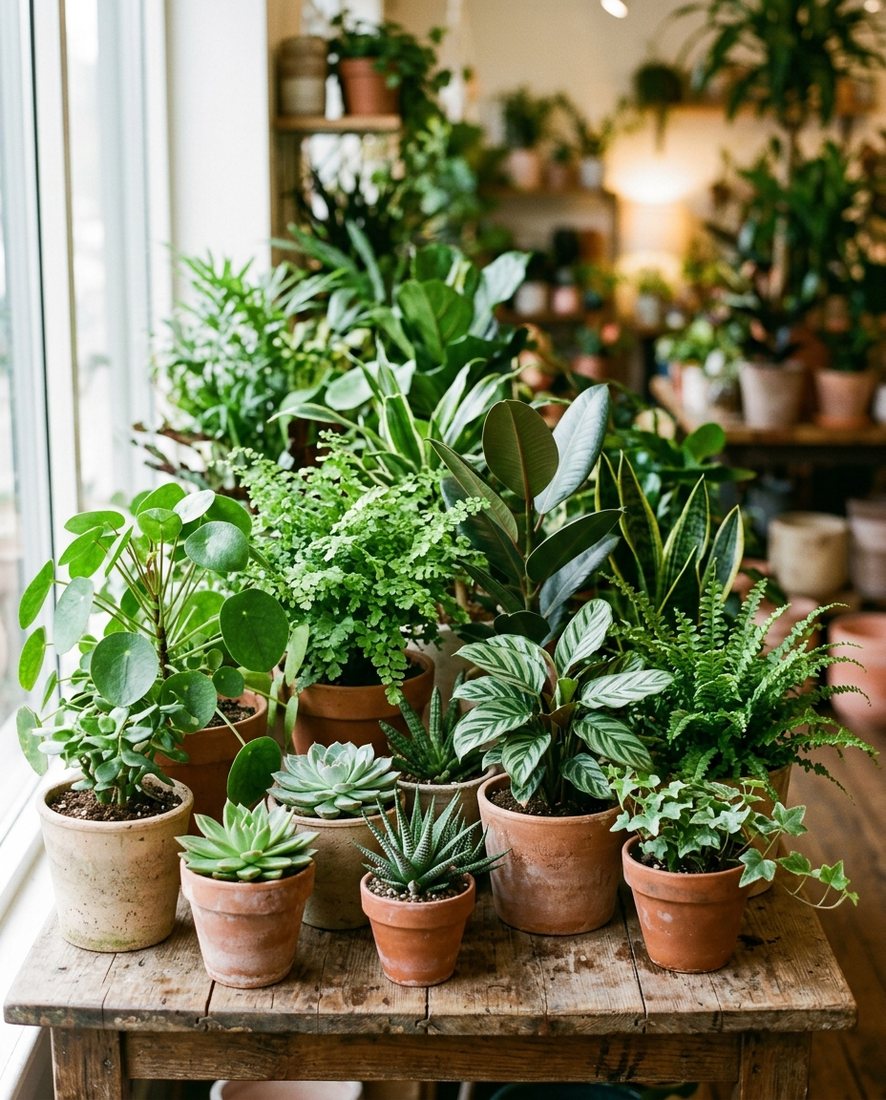 Gezonde groene kamerplanten in terracotta potten op een houten tafel